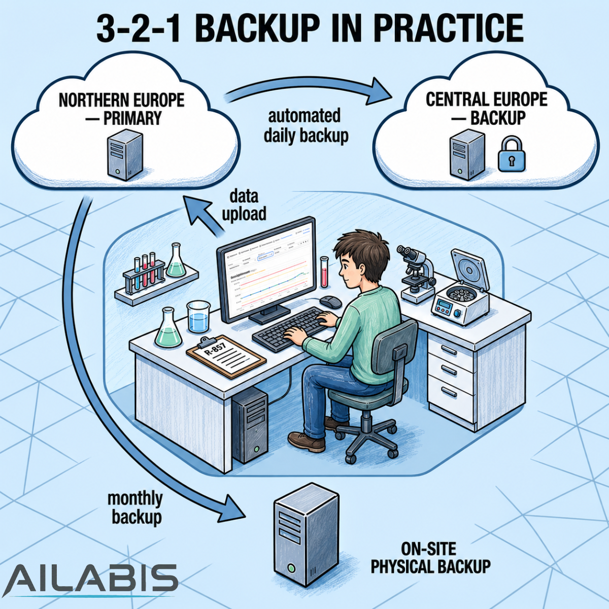3-2-1 backup diagram showing AILABIS primary servers in Northern Europe, automated daily backup to Central Europe, and monthly on-site physical backup.