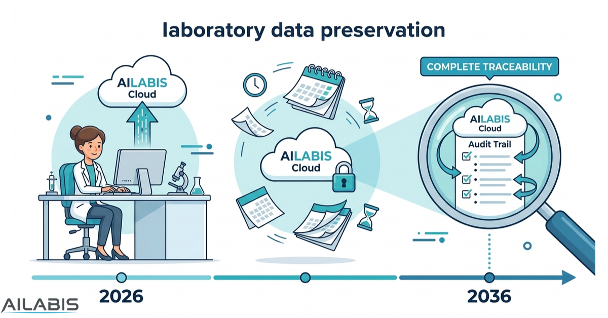 Illustration of laboratory data preservation showing a laboratory technician uploading results to AILABIS Cloud, with a timeline from 2026 to 2036 and a magnified audit trail demonstrating complete traceability over time.